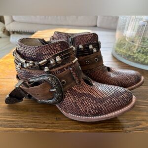 freebird Brown Textured Leather Ankle Boots with Studded Buckle